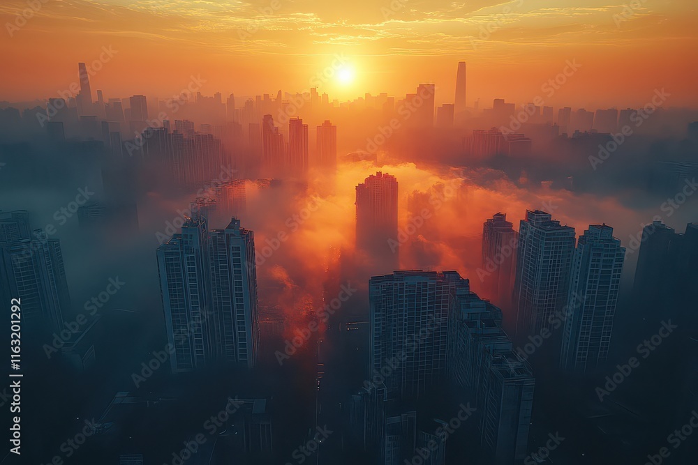 Fototapeta premium Drone Shot of City Skyscrapers Under Hazy Sunlight