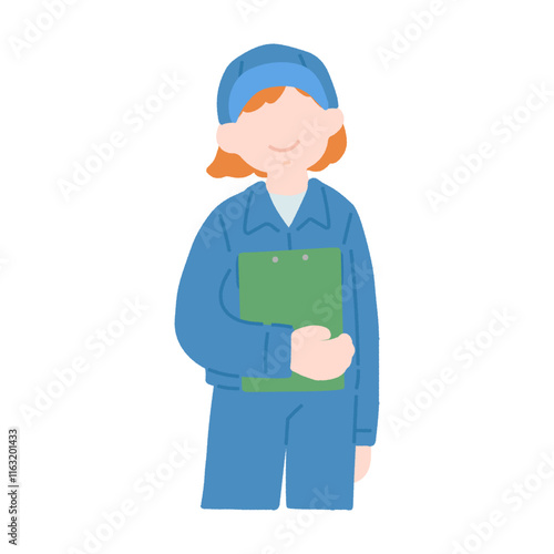 クリップボードを持ち上を見あげる作業服を着た女性のフラットなイラスト
