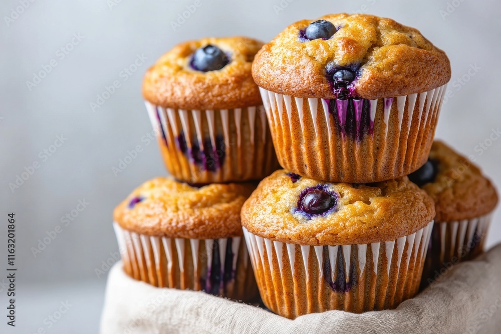 Delicious blueberry muffins stacked high in a rustic setting Delicious blueberry muffins stacked high in a rustic setting