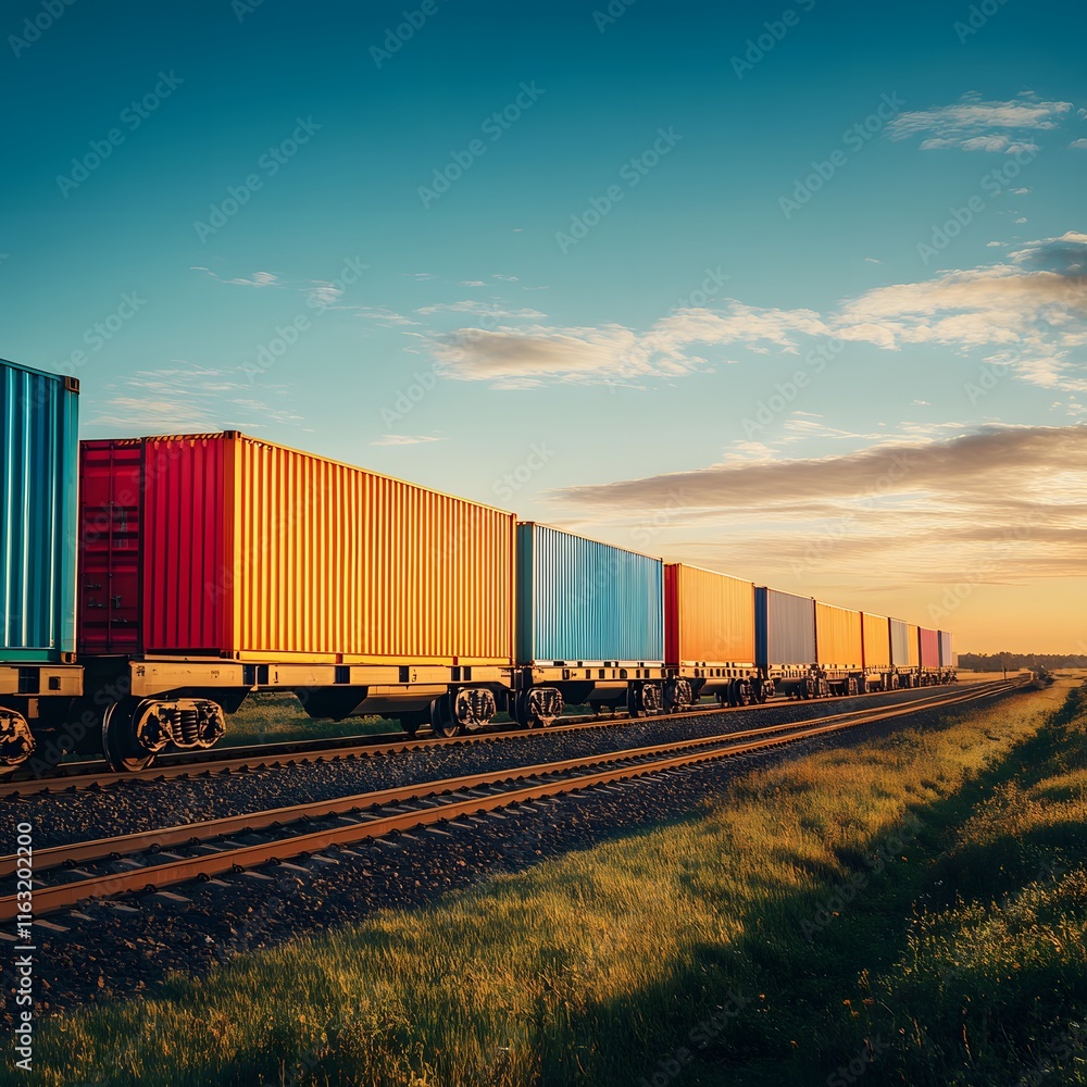 Fototapeta premium Colorful Cargo Train Moving Through Scenic Landscape