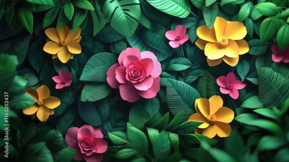 Fototapeta premium A vibrant arrangement of colorful paper flowers and green leaves, showcasing nature's beauty.