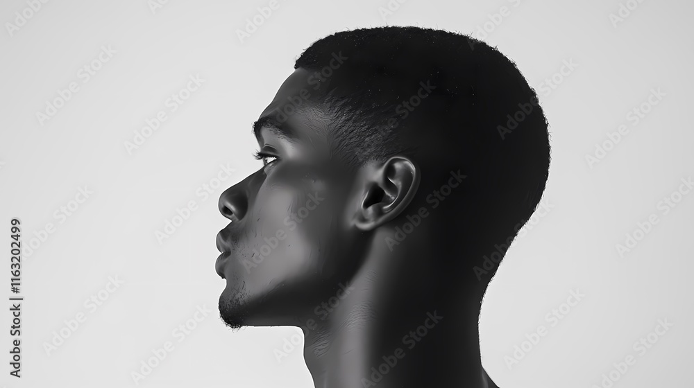 Profile of an African American man seen from behind, with his head turned slightly to the right on a white background, in black and white Profile of an African American man seen from behind, with his head turned slightly to the right on a white background, in black and white