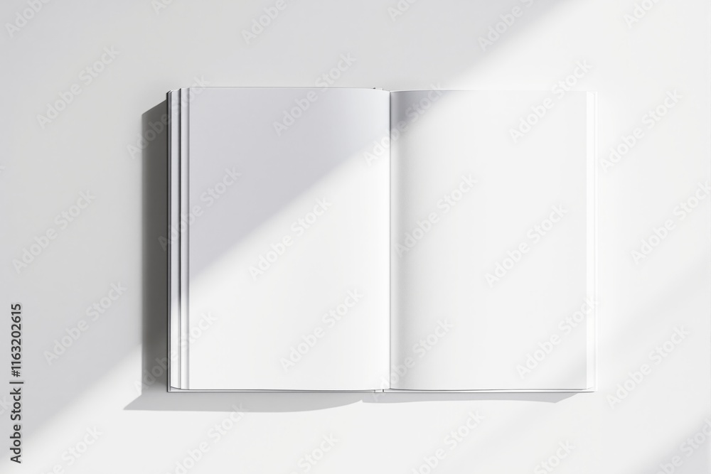 Open blank book mockup template with clean white pages in soft natural light, on a minimal white background. Concept of design space. Ai generative Open blank book mockup template with clean white pages in soft natural light, on a minimal white background. Concept of design space. Ai generative
