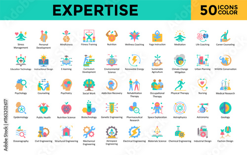 Expertise icon set with stress management, personal development, mindfulness, fitness training, nutrition, wellness coaching, yoga instruction, meditation icon. Simple flat color vector 
