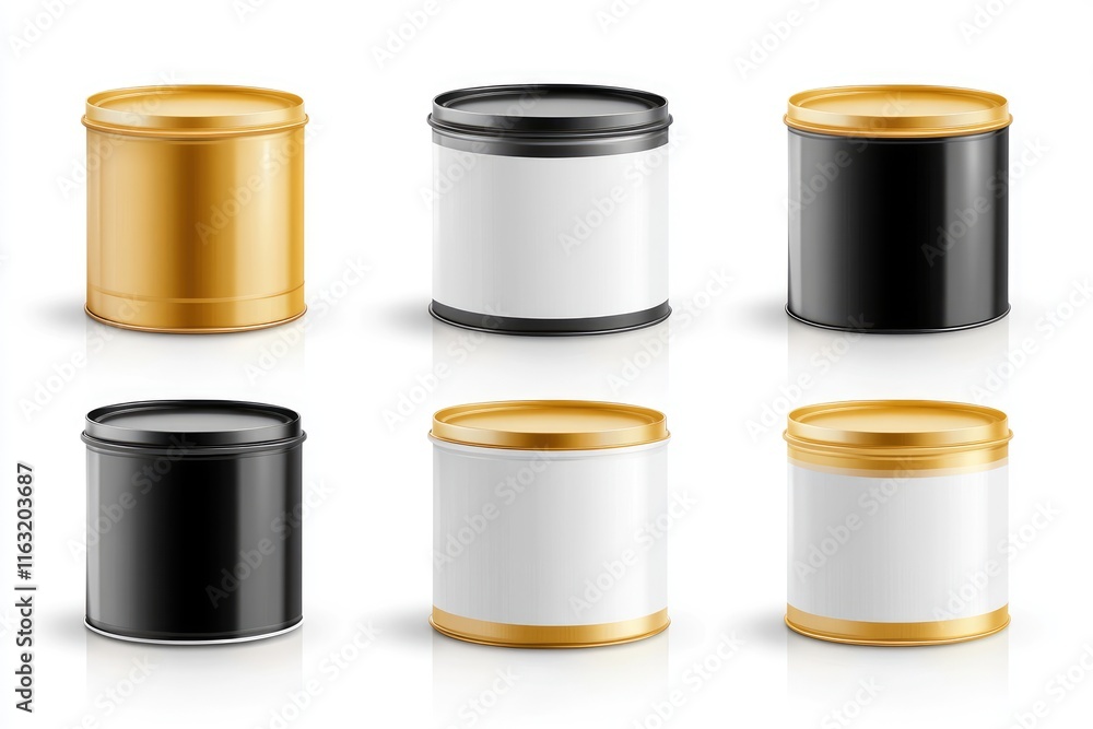 Six cylindrical containers gold and black variations Six cylindrical containers gold and black variations