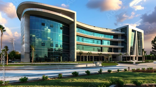 contemporary office building with a stunning glass facade.  Modern architecture at its finest.