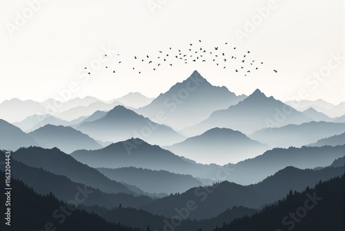 Silhouetted mountain ranges in layered shades of gray with birds flying above, on a pale background. Concept of serene nature and exploration. Ai generative photo