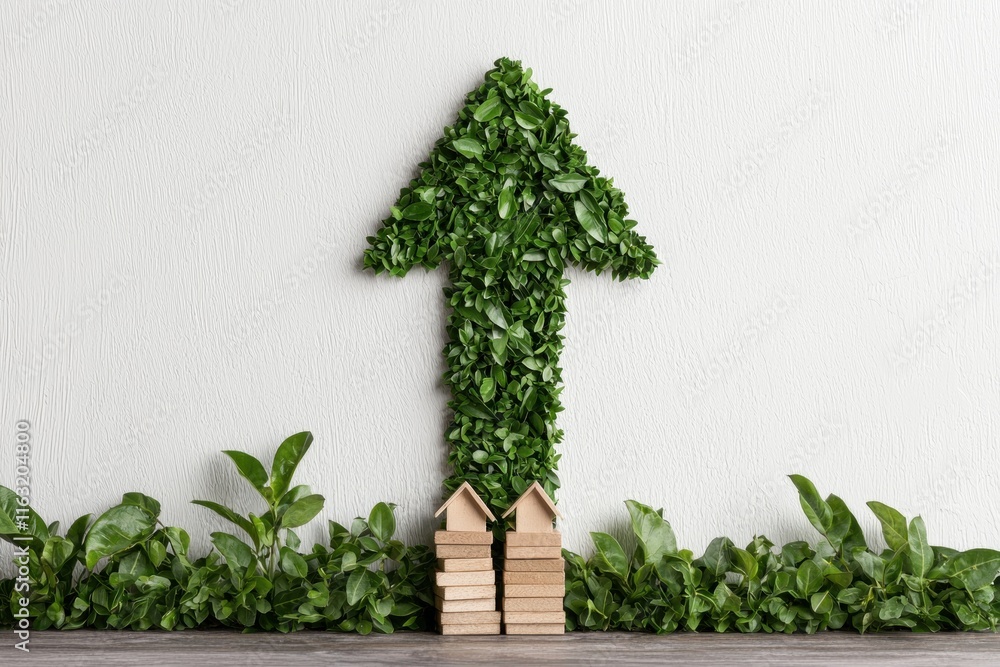 Fototapeta premium Green arrow pointing up with houses symbolizing sustainable real estate growth