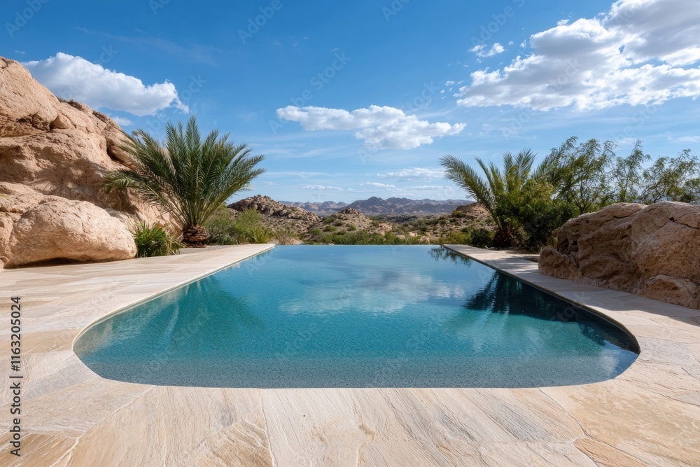 Fototapeta premium Luxury infinity pool overlooking desert mountain landscape
