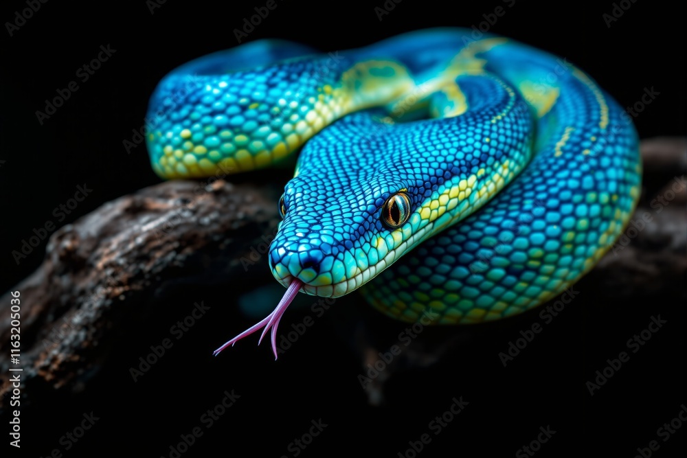 Close-up view of a vividly colored snake in shades of blue and green with intricate scale patterns, coiled on a branch, set against a dark background, symbolizing nature's beauty. Ai generative Close-up view of a vividly colored snake in shades of blue and green with intricate scale patterns, coiled on a branch, set against a dark background, symbolizing nature's beauty. Ai generative