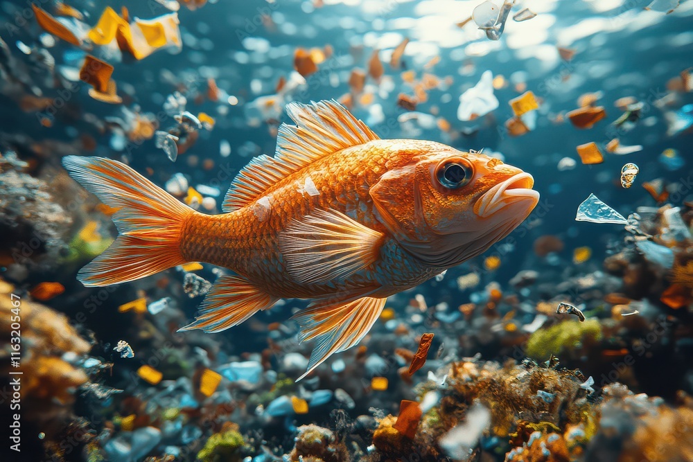 Fototapeta premium Vibrant Fish Among Microplastics in Underwater Scene