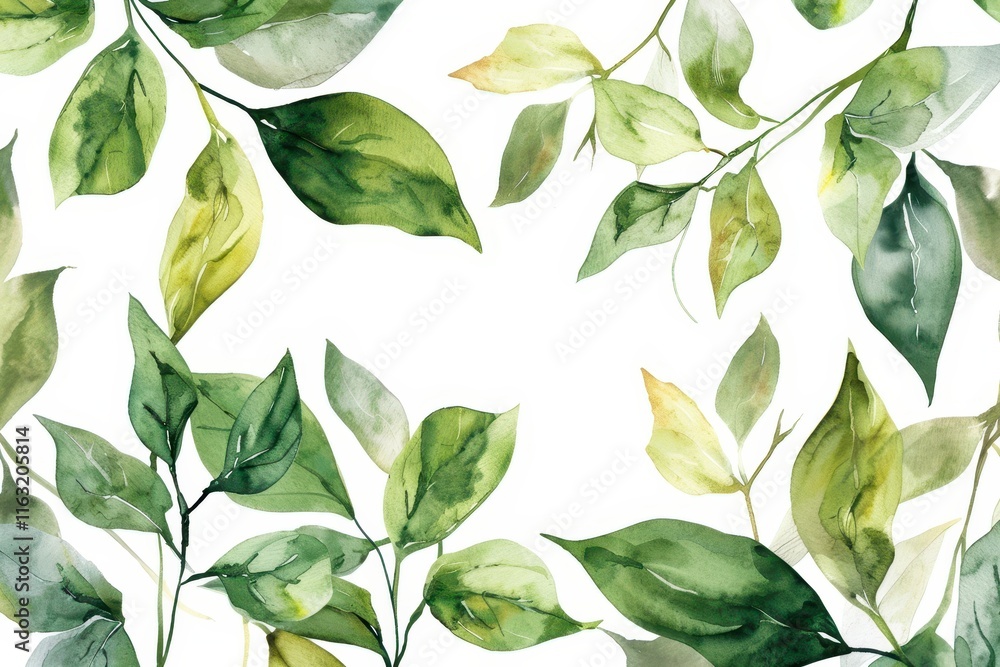 Lush green leaves painted with watercolors create a serene atmosphere perfect for nature-inspired decor and artistic expression Lush green leaves painted with watercolors create a serene atmosphere perfect for nature-inspired decor and artistic expression