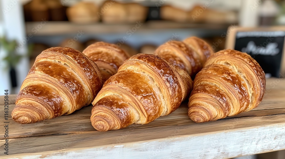 Four golden-brown croissants arranged on a rustic wooden board, with blurred bakery background. Four golden-brown croissants arranged on a rustic wooden board, with blurred bakery background.