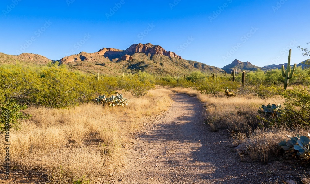 A scenic desert path leading toward rugged mountains under a clear sky. A scenic desert path leading toward rugged mountains under a clear sky.