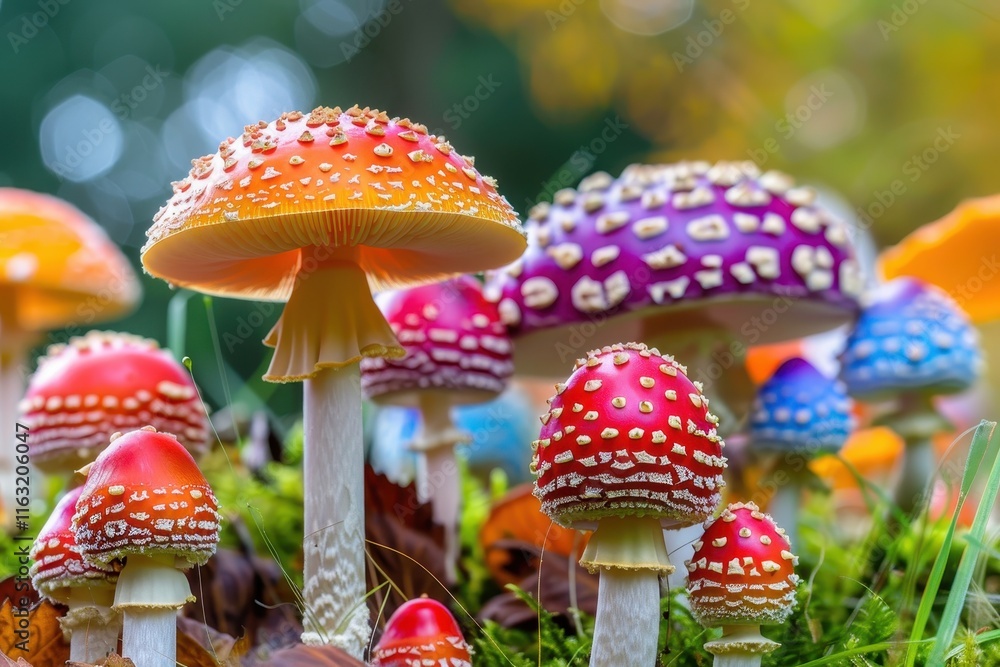 Obraz premium Colorful mushrooms thrive among vibrant wildflowers under gentle sunlight in a serene botanical garden setting during late spring