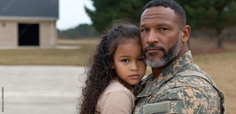 Soldier father embraces his daughter after returning home. Soldier father embraces his daughter after returning home.