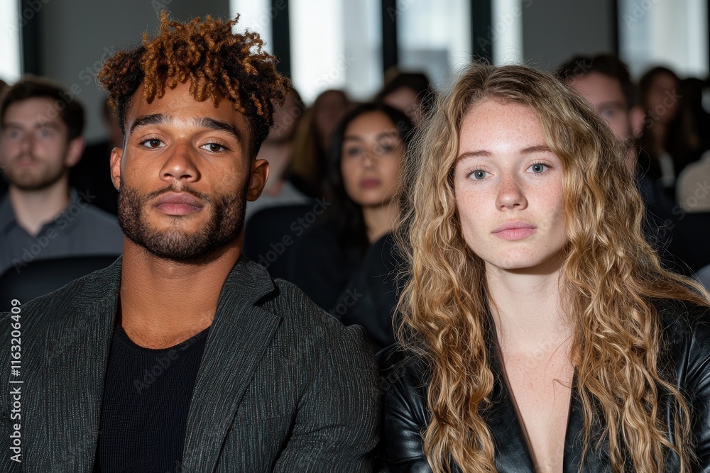 Fototapeta premium Young diverse couple sitting in audience at conference