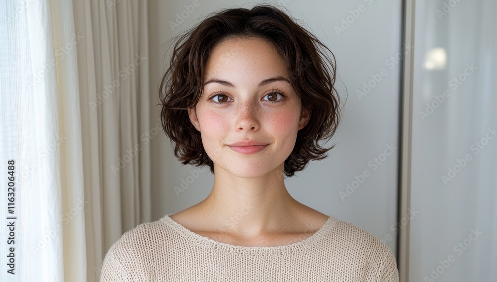 Portrait of a young woman with freckles and short brown hair smiling gently. Portrait of a young woman with freckles and short brown hair smiling gently.
