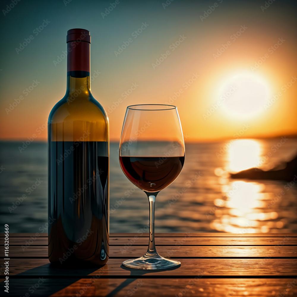 Wine Bottle and Glass on a Table at Sunset by the Sea