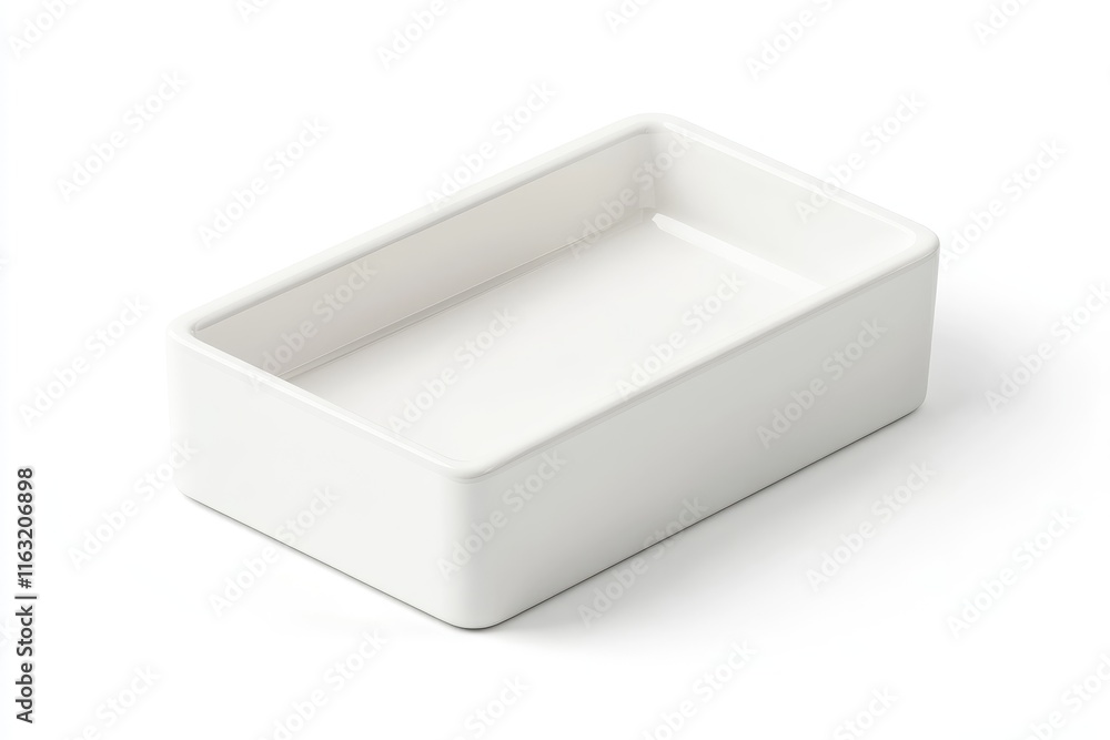 A white rectangular ceramic dish sits empty on a white background A white rectangular ceramic dish sits empty on a white background
