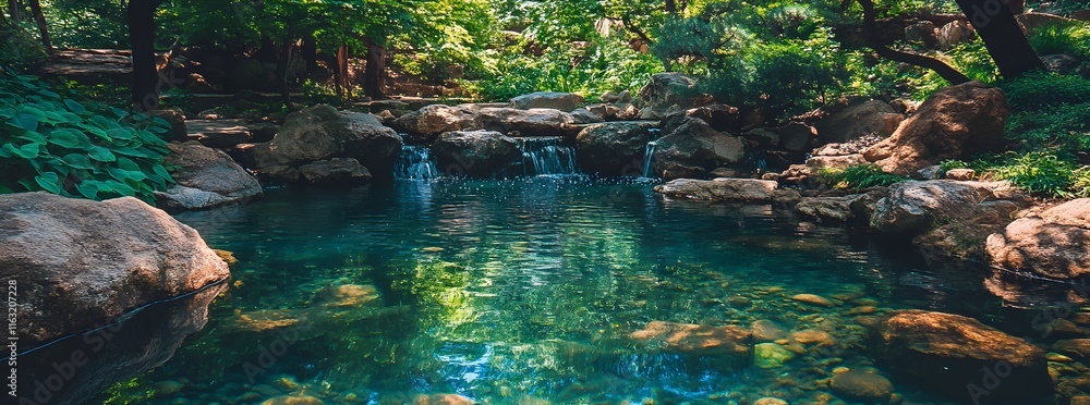 Fototapeta premium Serene Waterfall in Lush Green Forest