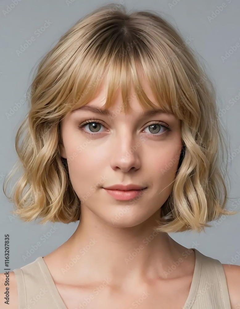 Blonde Woman with Wavy Bob Hairstyle and Bangs Blonde Woman with Wavy Bob Hairstyle and Bangs