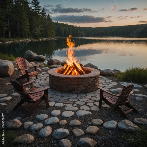 A cozy lakeside fire pit with chairs arranged in a circle, overlooking the calm waters.