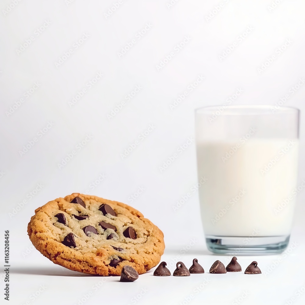A delicious chocolate chip cookie beside a glass of milk, with chocolate chips scattered nearby, creating a classic snack combination. A delicious chocolate chip cookie beside a glass of milk, with chocolate chips scattered nearby, creating a classic snack combination.