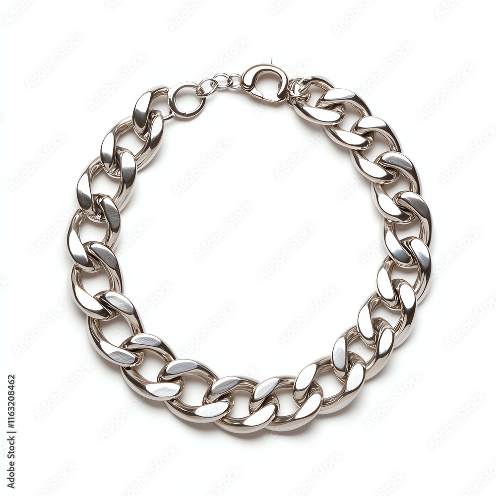 Obraz premium A shiny silver chain bracelet featuring interlocking links, showcasing a stylish and bold design perfect for accessorizing any outfit.