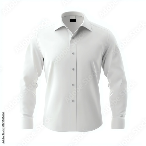 A simple, elegant white dress shirt with long sleeves and a classic collar, ideal for formal or business occasions.