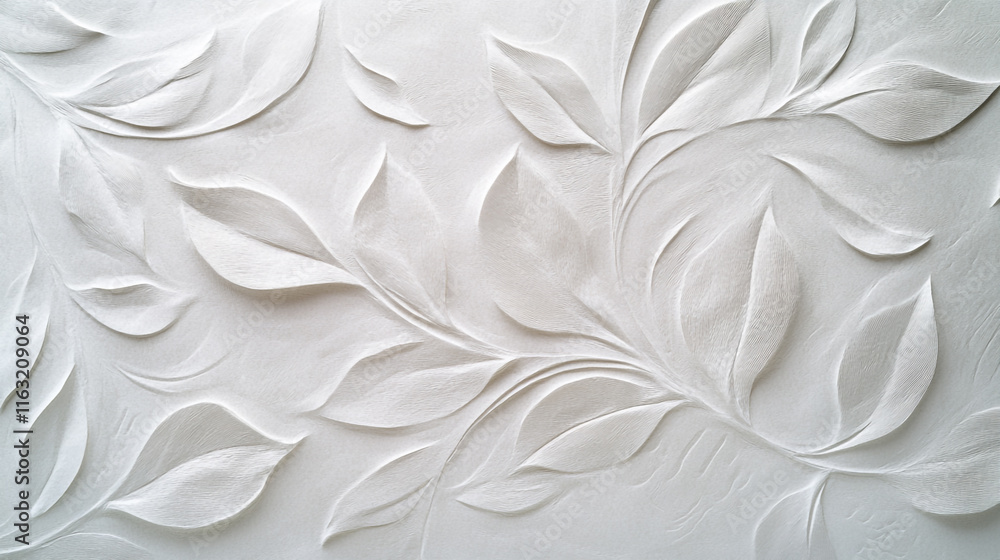 Obraz premium Textured white wall with intricate leaf patterns in a bright indoor space