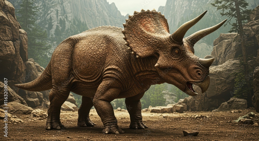 Fototapeta premium Majestic triceratops roaming ancient rocky landscape