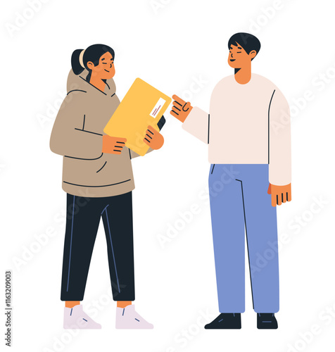 Two people exchanging documents communication business interaction casual attire diverse characters simple design white background