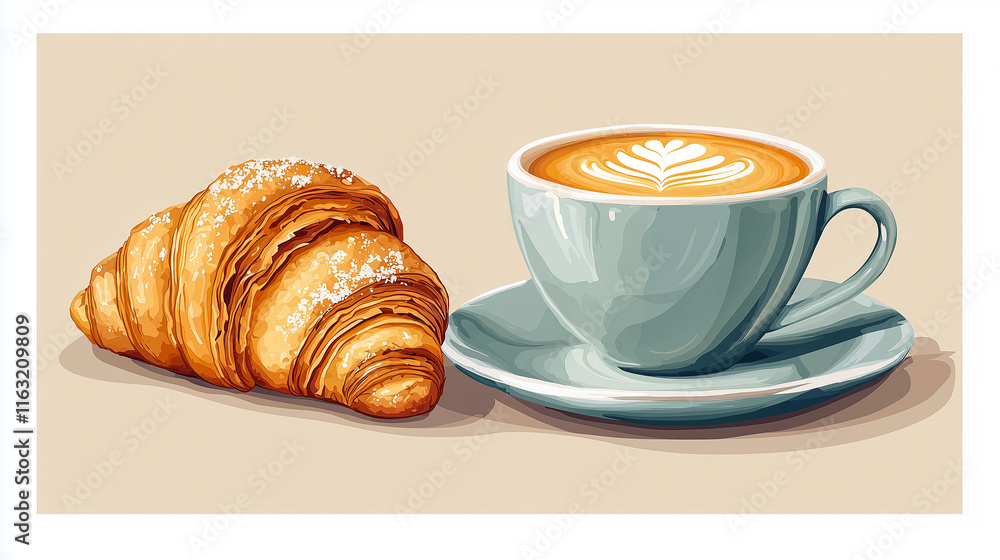 Delicious Croissant and Latte with Foam Art in Light Blue Cup on Beige Background Delicious Croissant and Latte with Foam Art in Light Blue Cup on Beige Background