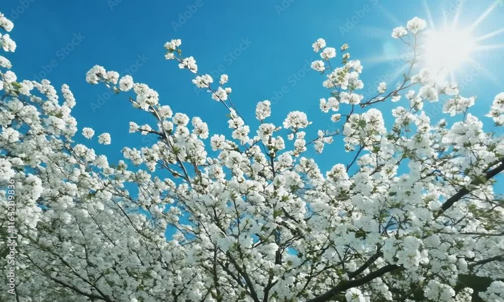 Blossoming white cherry tree under a bright blue sky Blossoming white cherry tree under a bright blue sky
