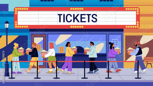 People in line at cinema entrance colorful illustration. Individuals holding popcorn walk towards theater entrance under marquee. Urban setting bright colors