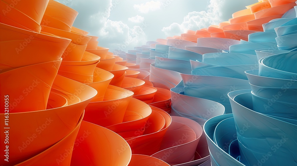 Obraz premium 3d render, paper ribbon rolls, abstract shapes, fashion background, swirl, pastel neon scrolls, curl, spiral, cylinder 