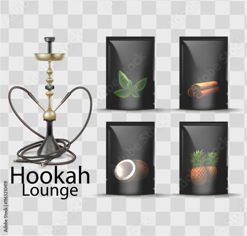 Vector big nargile for tobacco smoking made of metal and green glass with long hookah hose, charcoal. pineapple and coconut on dark background