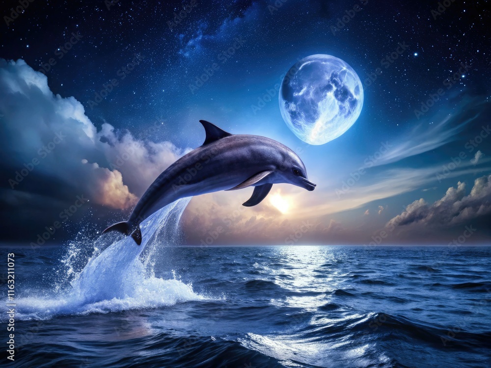 Fototapeta premium Captivating night ocean photography reveals a dolphin's breathtaking leap in low light.