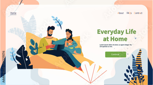 Family reading book on couch cozy home scene colorful plants modern design elements website template