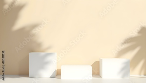 Escenario minimalista con podios blancos y sombras de hojas en fondo beige, ideal para exhibición de productos