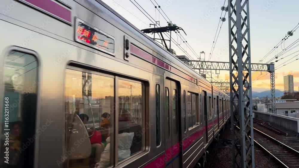 A modern commuter train travels on elevated tracks at sunset with city buildings in the distance A modern commuter train travels on elevated tracks at sunset with city buildings in the distance
