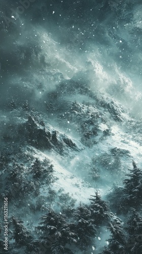 Wallpaper Mural Snowstorm Sweeping Through a Mountainous Winter Forest, Perfect for Nature Photography, Environmental Themes, Wilderness Exploration, Winter Adventure Concepts, and Atmospheric Landscape Designs Torontodigital.ca