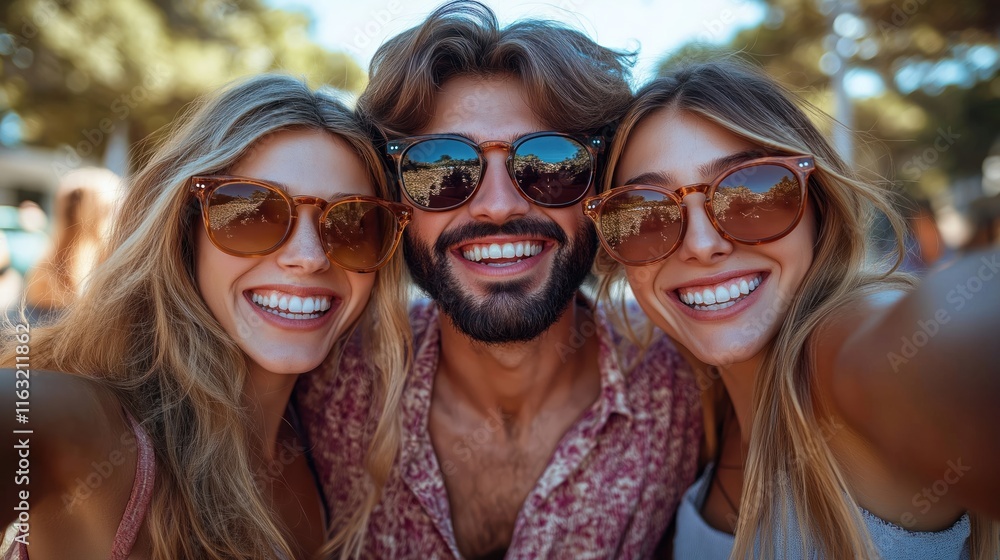Three friends take a selfie outdoors. They wear sunglasses and smile. They look happy and trendy. Its a summer day. They are together having fun. A group portrait in a city or urban area. Three friends take a selfie outdoors. They wear sunglasses and smile. They look happy and trendy. Its a summer day. They are together having fun. A group portrait in a city or urban area.