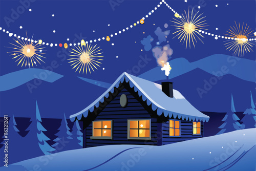 A cozy, snow-covered winter cabin brilliantly illuminated by warm, inviting string lights; rustic charm, festive atmosphere.