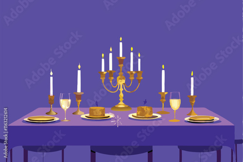 Elegant New Year's Eve dinner table setting;  sparkling champagne flutes, gold accents, festive centerpiece.