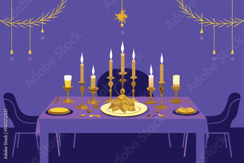 Elegant New Year's Eve dinner table setting; gleaming silverware, champagne flutes, festive decorations,  rich tablecloth, candlelight.