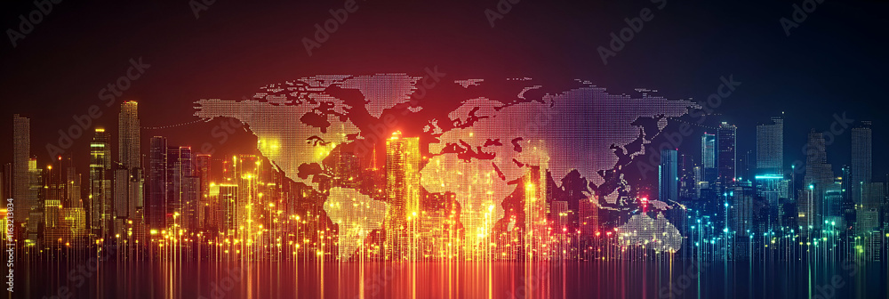 Fototapeta premium Global Cityscape, Illuminated Skyline Reflecting World Map, a vibrant representation of interconnected urban areas showcasing global communication and international collaboration effectively.