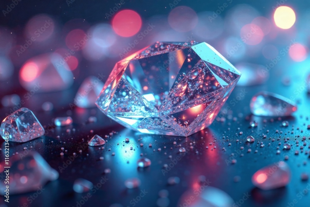 Icy white diamond surrounded by colorful light reflections, shimmer, sparkle Icy white diamond surrounded by colorful light reflections, shimmer, sparkle