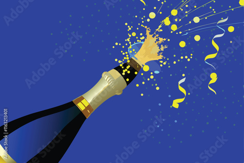 A champagne bottle dramatically popping open, releasing a vibrant spray of golden bubbles against a dark background.  Focus on the effervescence and celebratory feel.